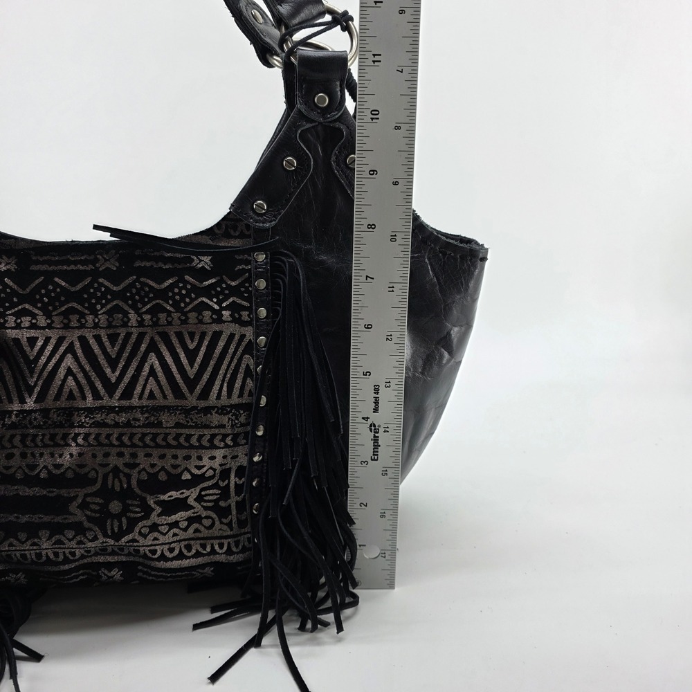 The Sak Leather Hobo Shoulder Bag Black Leather Silver Aztec Fringe Boho Tote - Picture 9 of 12